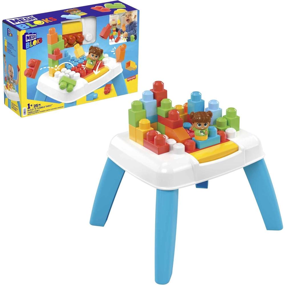 imageMEGA BLOKS FisherPrice Toddler Blocks Toy Set Build n Tumble Activity Table with 25 Pieces and Storage 1 Figure Blue Ages 1 YearsBuild N Tumble Table