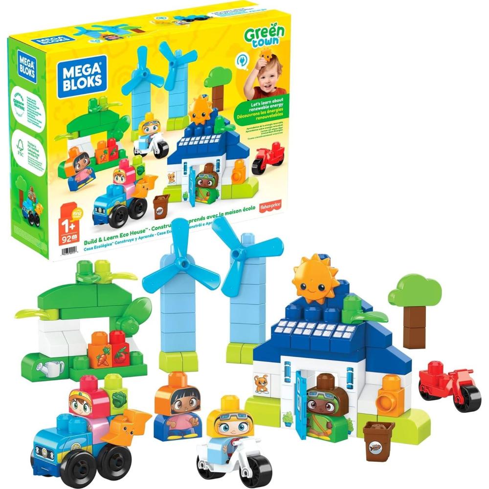 imageMEGA BLOKS FisherPrice Toddler Blocks Toy Set Green Town Build n Learn Eco House with 88 Pieces 4 Figures Ages 1 YearsBuild  Learn Eco House