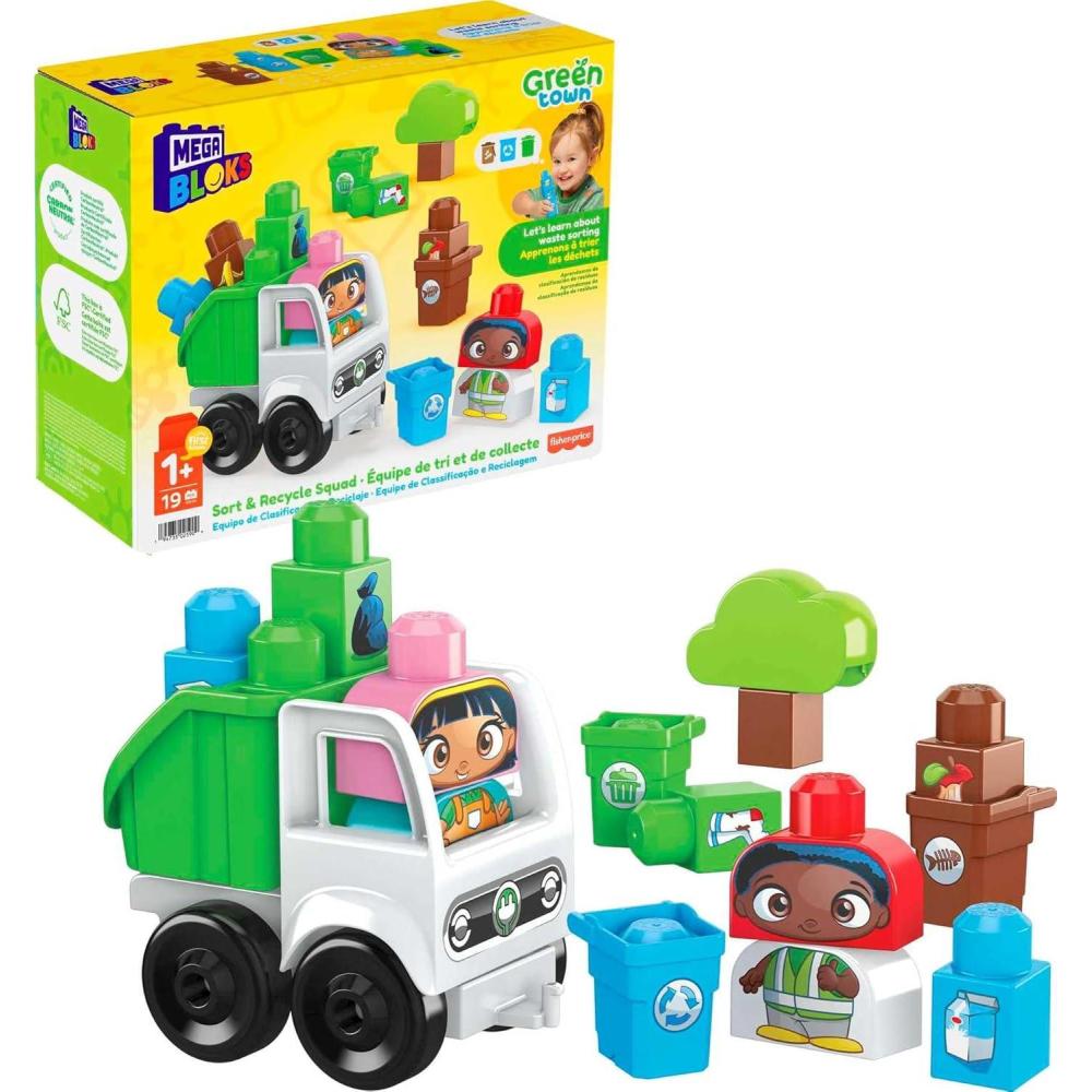 imageMEGA BLOKS FisherPrice Toddler Blocks Toy Set Green Town Build n Learn Eco House with 88 Pieces 4 Figures Ages 1 YearsSort Recycle Squad