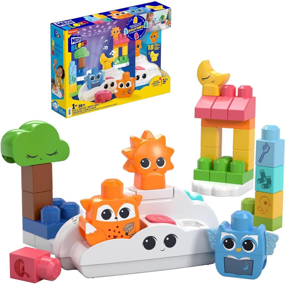 imageMEGA BLOKS FisherPrice Toddler Building Blocks Toy Rise ampamp Snooze Night Light with 30 Pieces Sound and Light Effects Star Projector Ages 1 Years