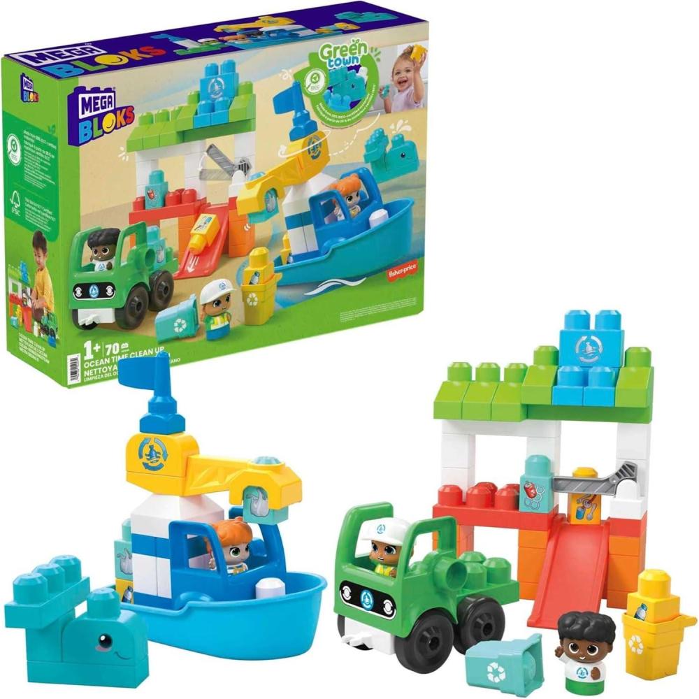 imageMEGA BLOKS FisherPrice Toddler Building Blocks Toy Set Green Town Ocean Time Clean Up with 70 Pieces 3 Figures Ages 1 Years