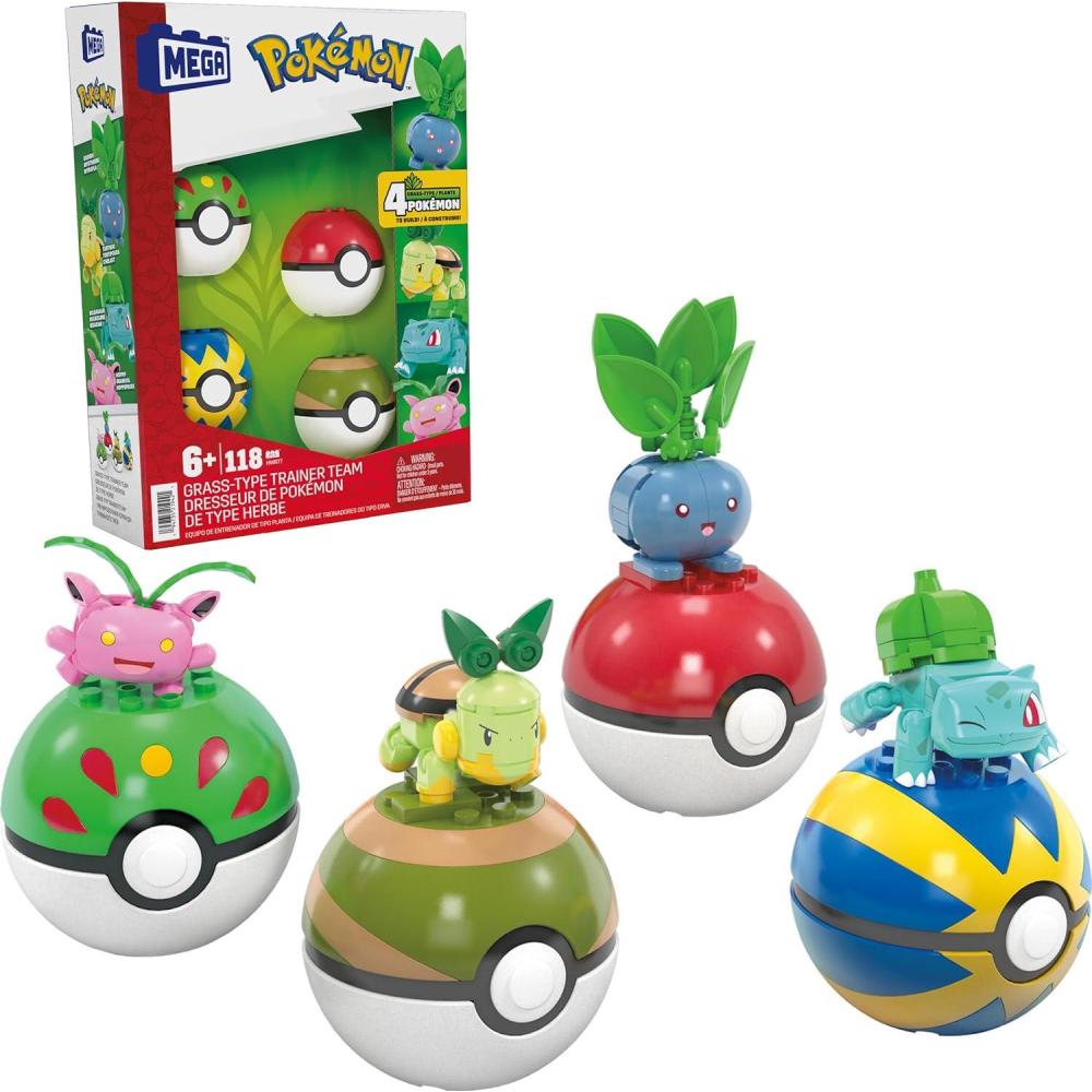 imageMEGA Pokmon Building Toys Set GrassType Trainer Team with 118 Pieces 4 Poseable Character 2 Inches Tall for KidsGrass Type trainer Team