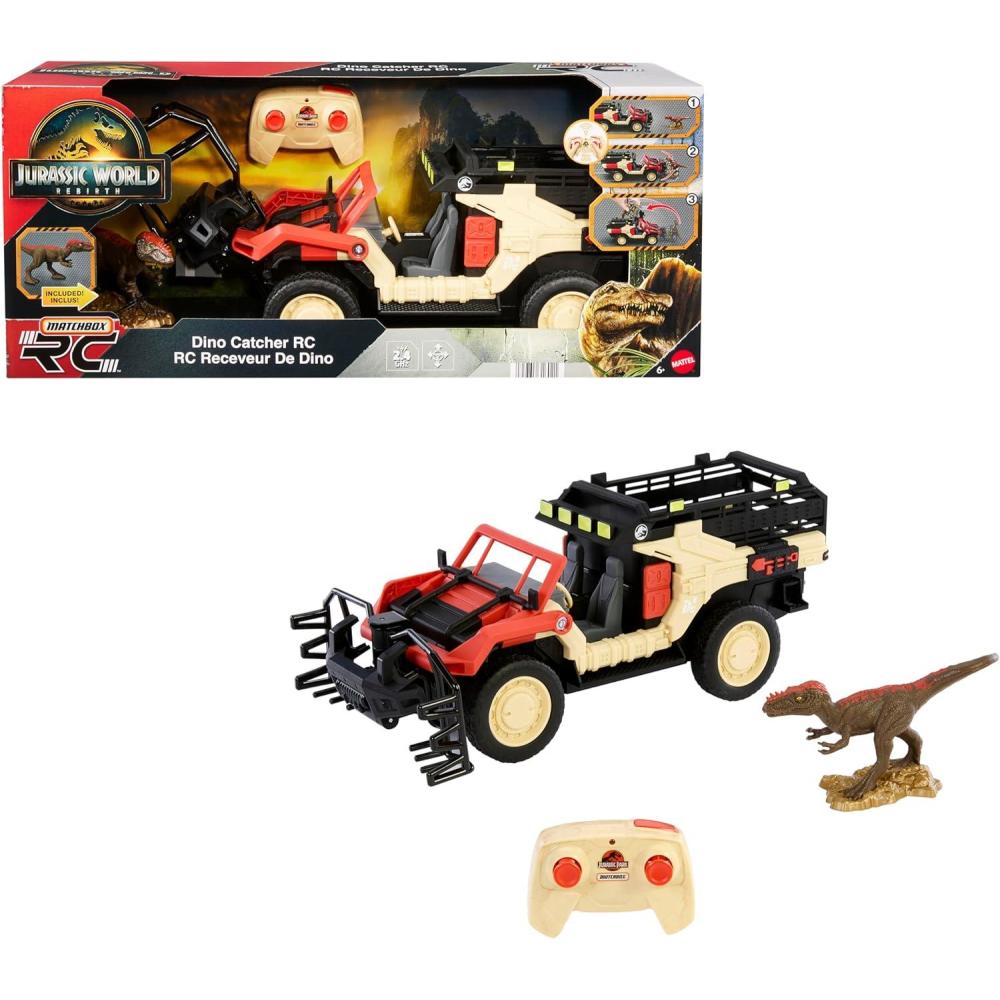 imageMatchbox RC Jurassic World Toy Truck RemoteControl BatteryOperated Vehicle with Dinosaur Figure Dino Catcher RC ampamp Capture Cage for Transport