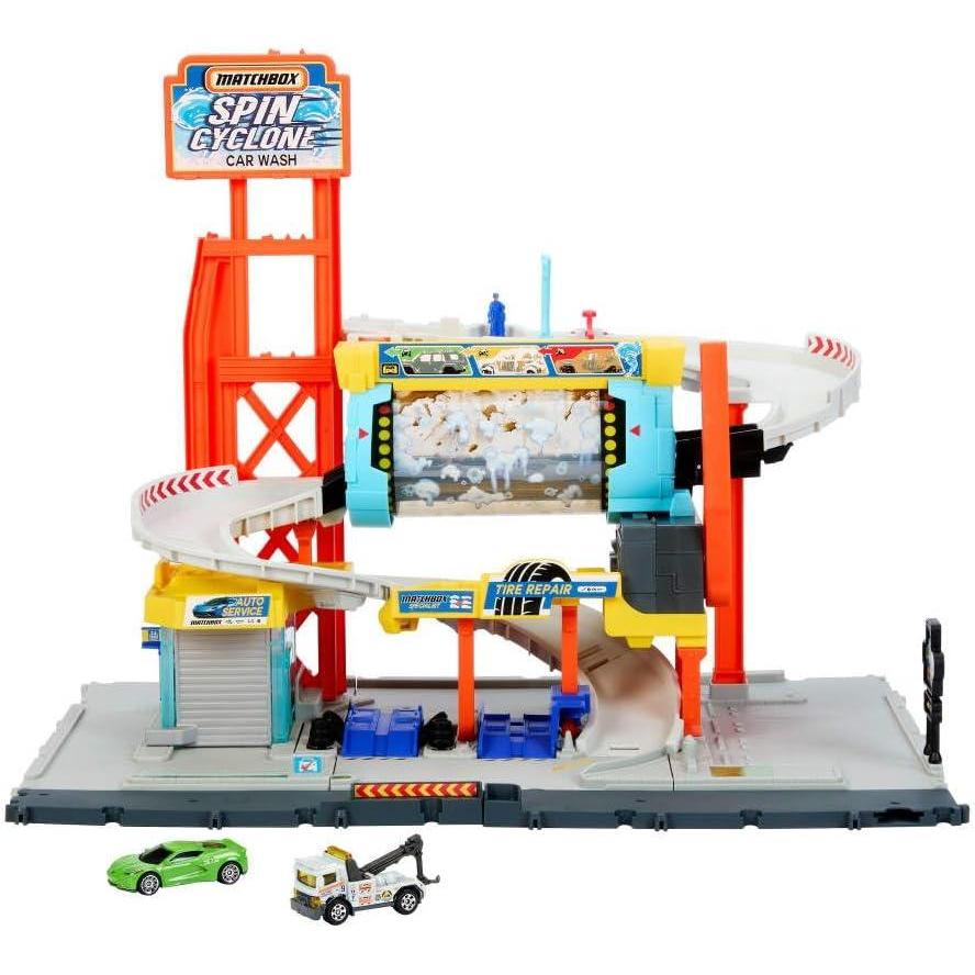 imageMatchbox Toy Car Track Set Spin Cyclone Car Wash Playset with 164 Scale Corvette ampamp Tow Truck Features Spinning Wash Tunnel TuneUp Shop ampamp Parking