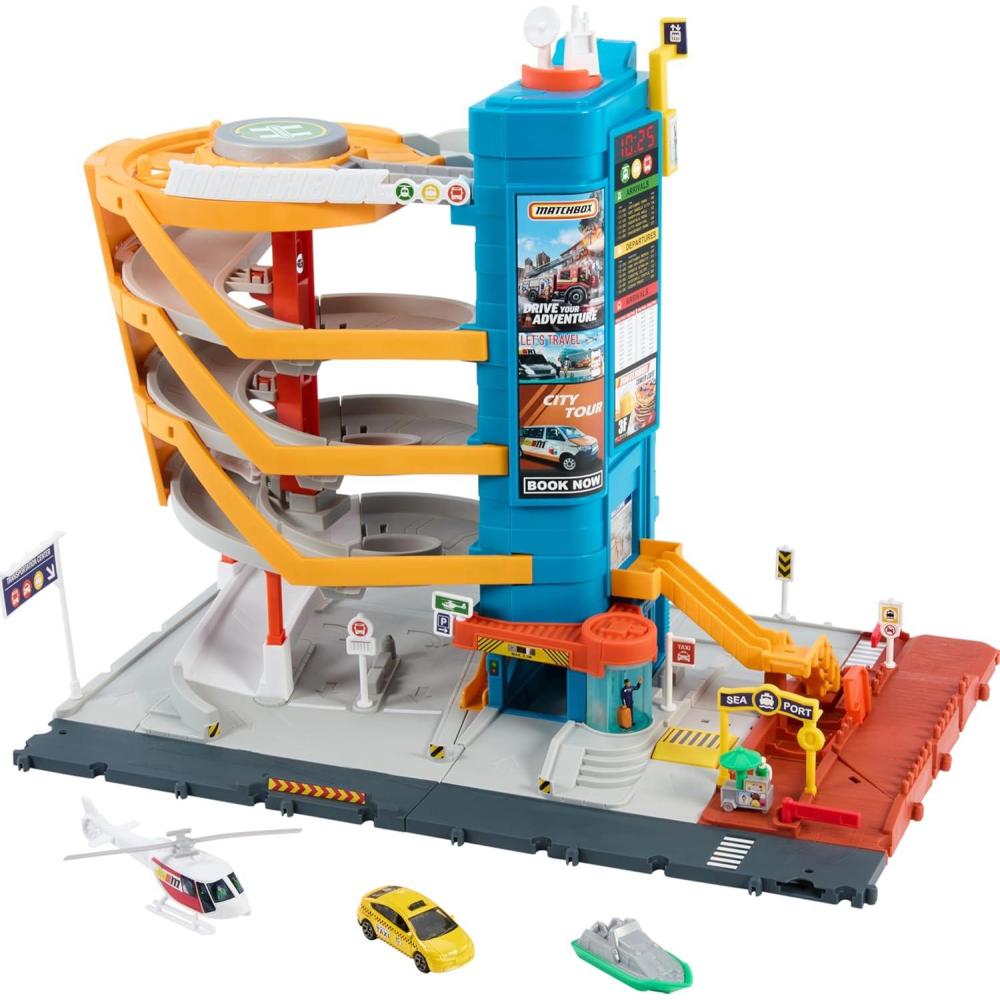 imageMatchbox Toy Vehicles ampamp Playset Transportation Center with 5 Levels Kidampamp CarActivated Features Includes 164 Scale Taxi Boat ampamp Helicopter ampamp Food Vendor AccessoryTransport Center