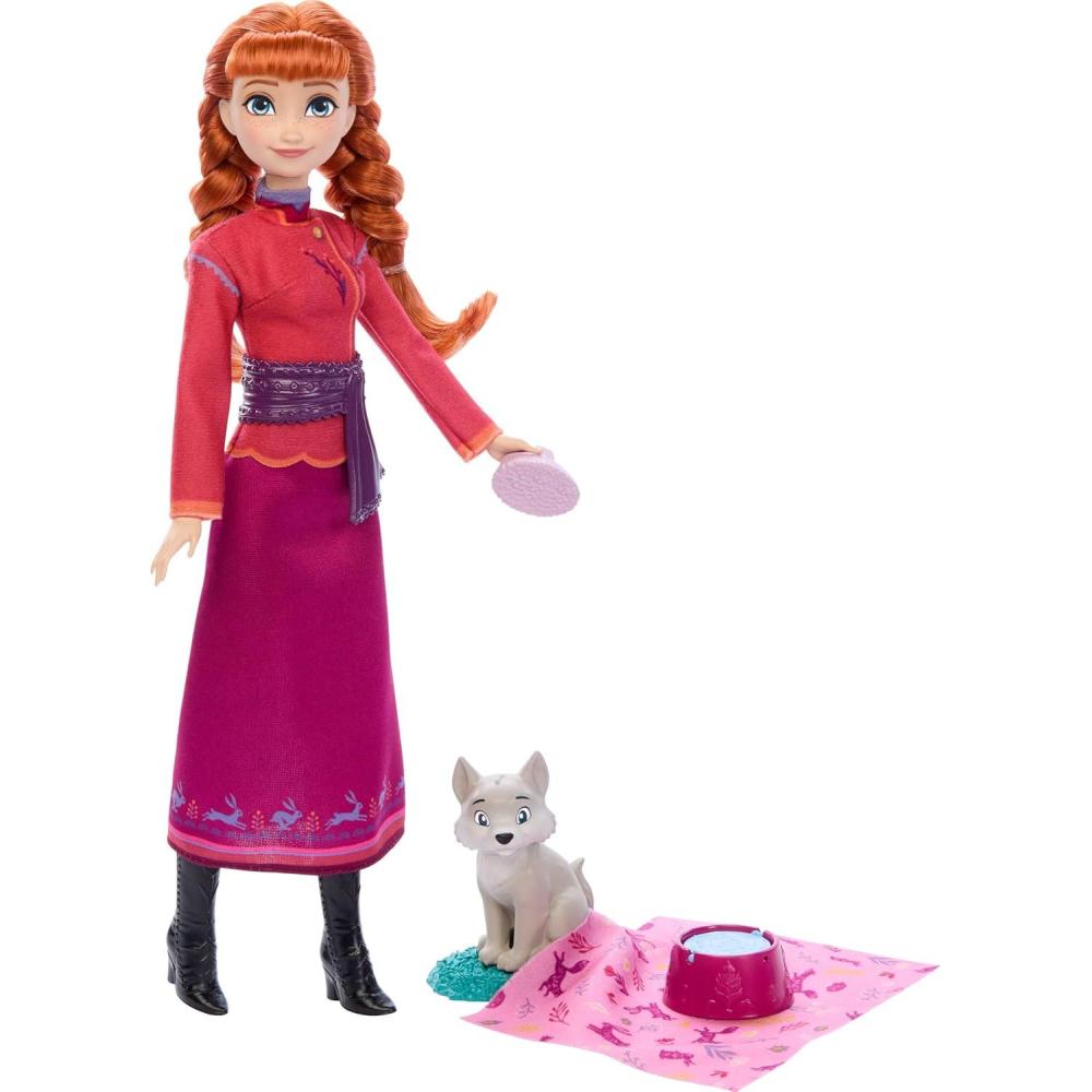 imageMattel Disney Frozen Anna Fashion Doll ampamp Wolf Cub Figure with 4 Accessories Including Animal Bed ampamp Blanket Inspired by Animals of ArendelleAnna  Wolf