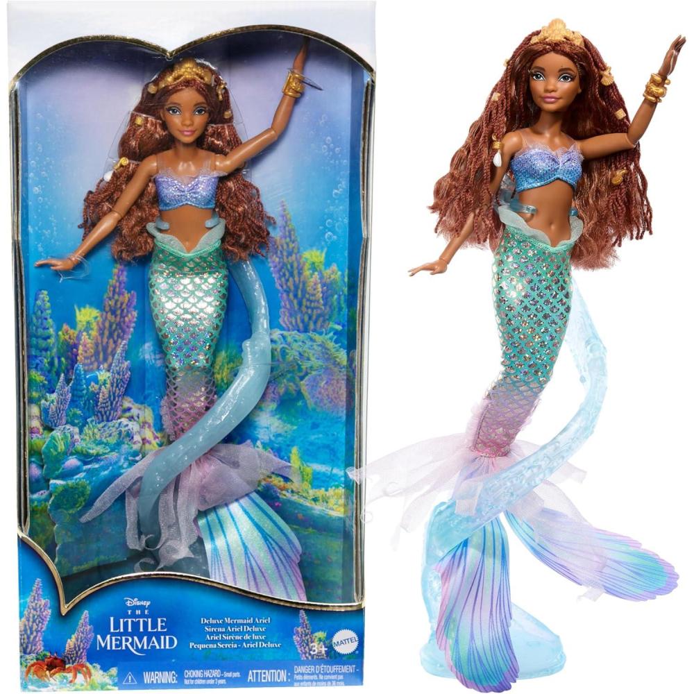 imageMattel Disney The Little Mermaid Deluxe Ariel Doll with Iridescent Tail Hair Jewelry Beads ampamp Display Stand Inspired by the Movie