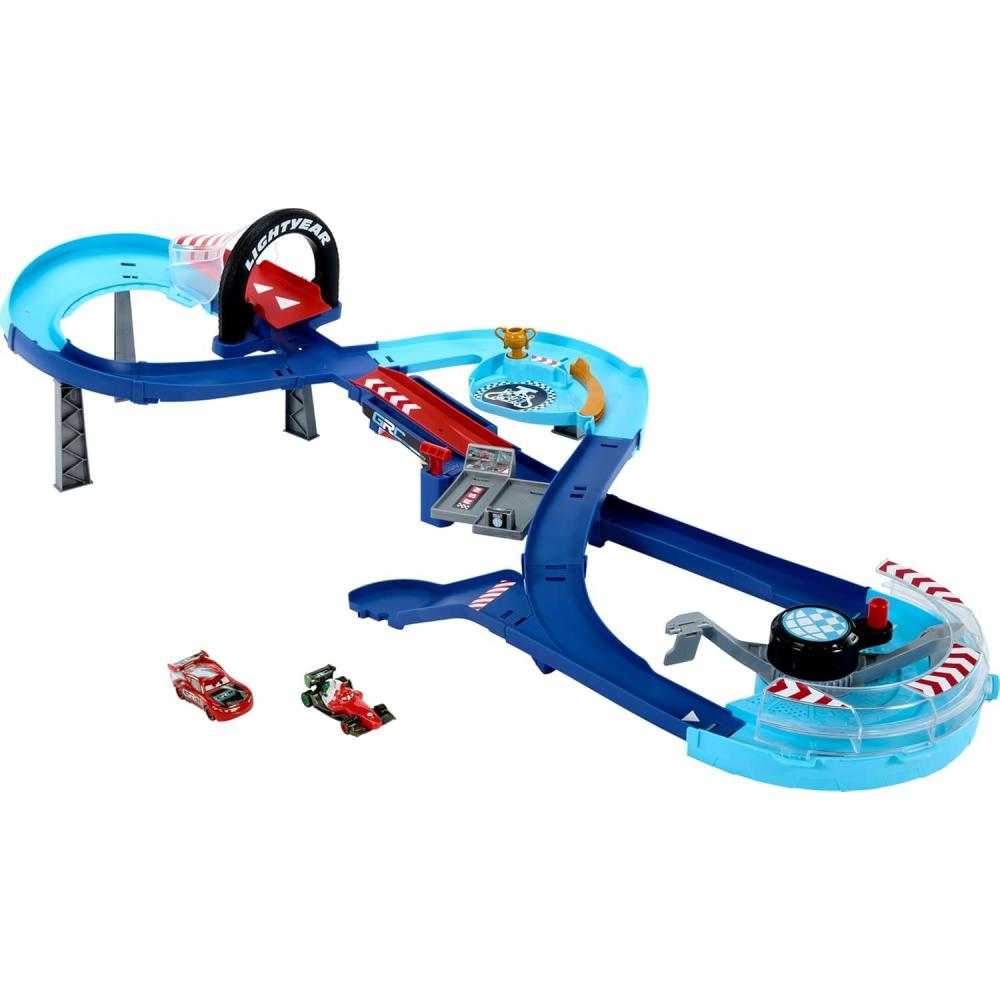 imageMattel Disney and Pixar Cars Playset with 2 Toy Cars Lightning McQueen ampamp Francesco Bernoulli GRC Jumping Raceway Track Set with KidPowered BoosterPlayset