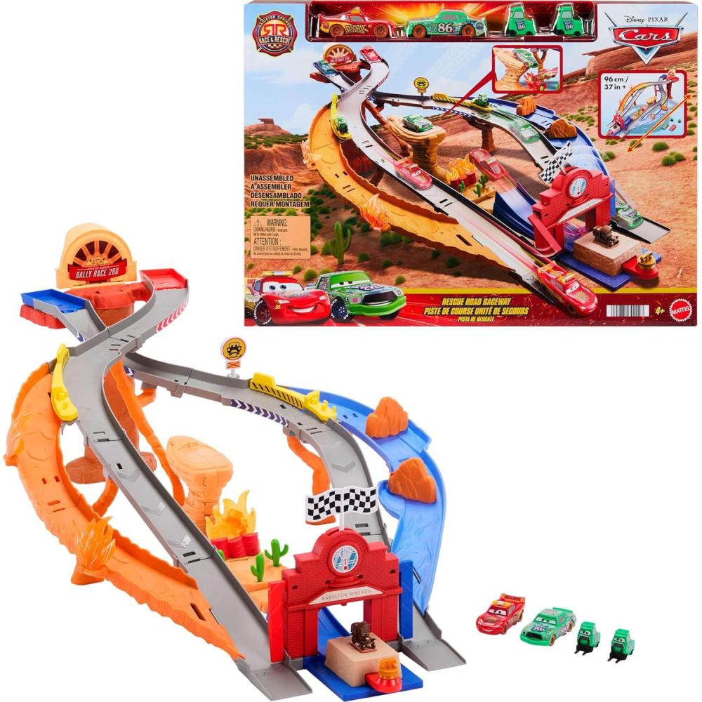 imageMattel Disney and Pixar Cars Toy Playset Lightning McQueen ampamp Chicks Hicks ampamp 2 Pitty Crew Vehicles 2 Ways to Race Race ampamp Rescue Rescue Road Raceway