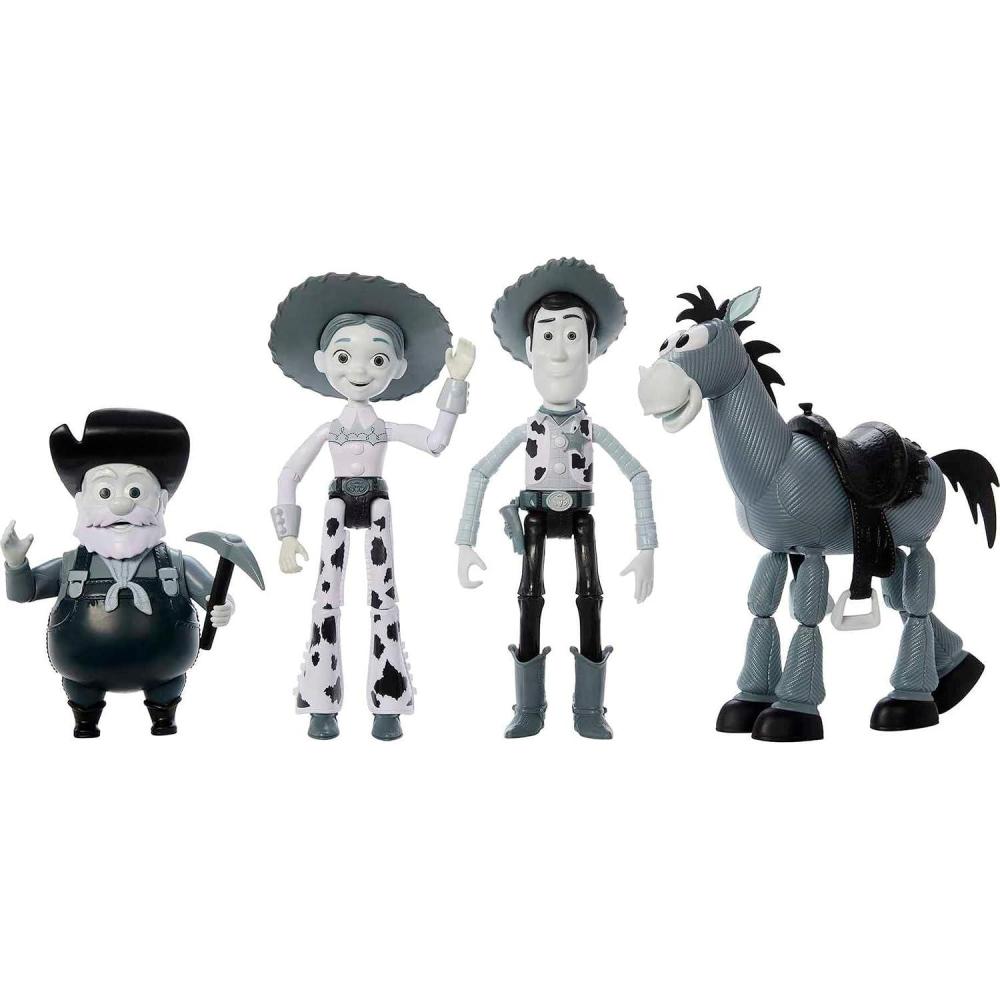 imageMattel Disney and Pixar Toy Story Set with 4 Action Figures Black ampamp White Woodys Roundup Pack with Woody Jessie Bullseye ampamp Stinky Pete 7Inch ScaleBlack  White