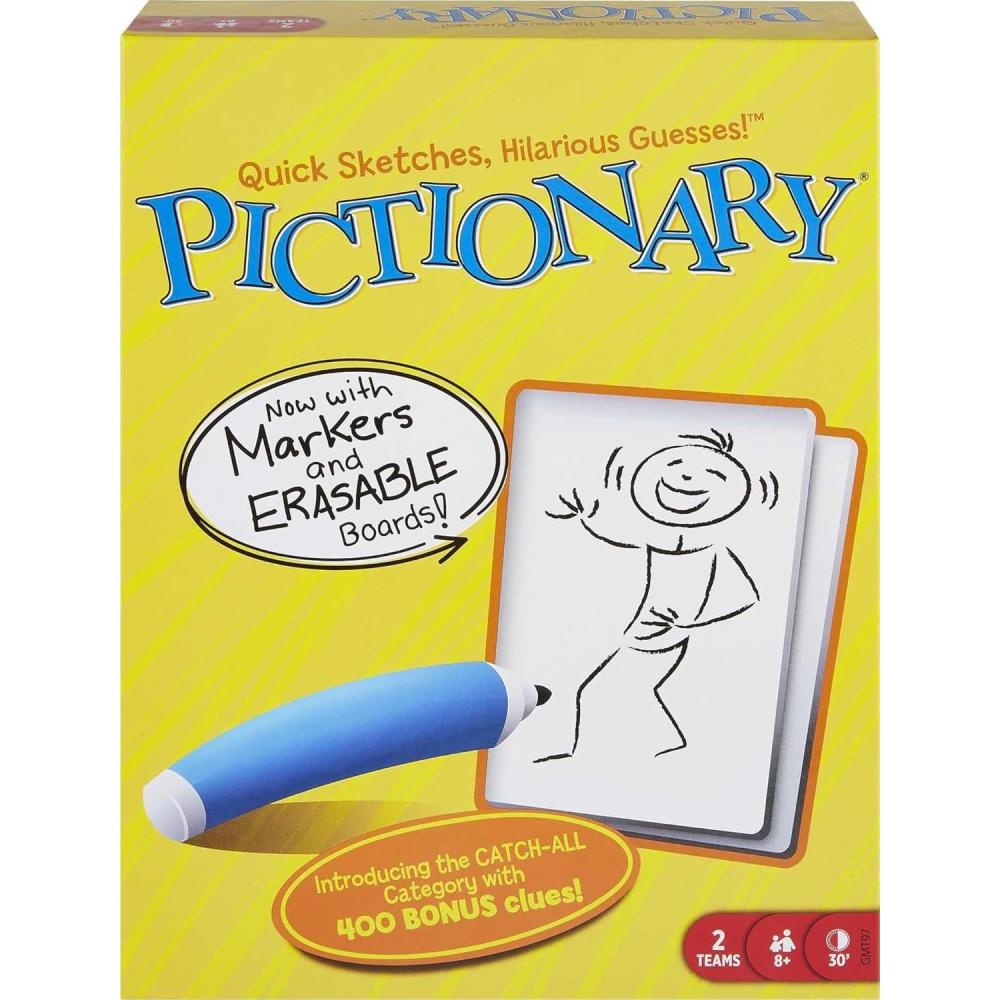 imageMattel Games Pictionary Family Board Game for Kids Adults and Game Night for 2 Teams with Erasable Markers Boards and Sand TimerOriginal