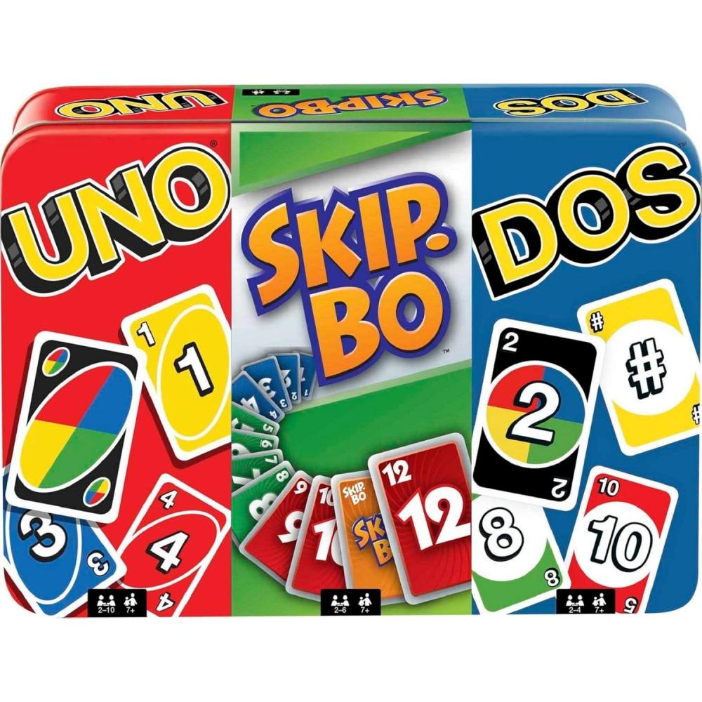 imageMattel Games SkipBo Card Game in Storage ampamp Travel Tin for Kids Adults ampamp Families Color Blind Accessible Deck for 2 to 6 PlayersSkipBo  UNO  DOS Bundle