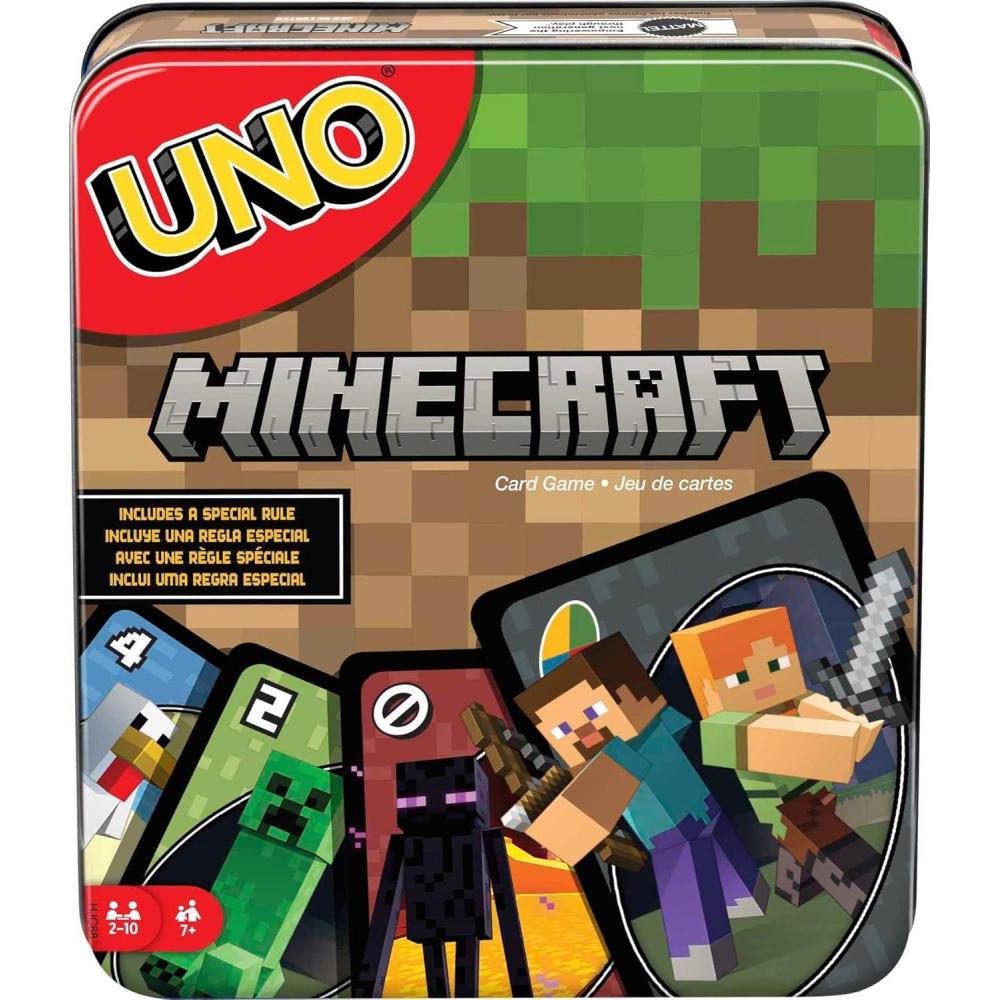 imageMattel Games UNO Card Game Gifts for Kids and Family Night Themed to Minecraft Video Game Travel Games Storage Tin Box Amazon ExclusiveUNO Minecraft