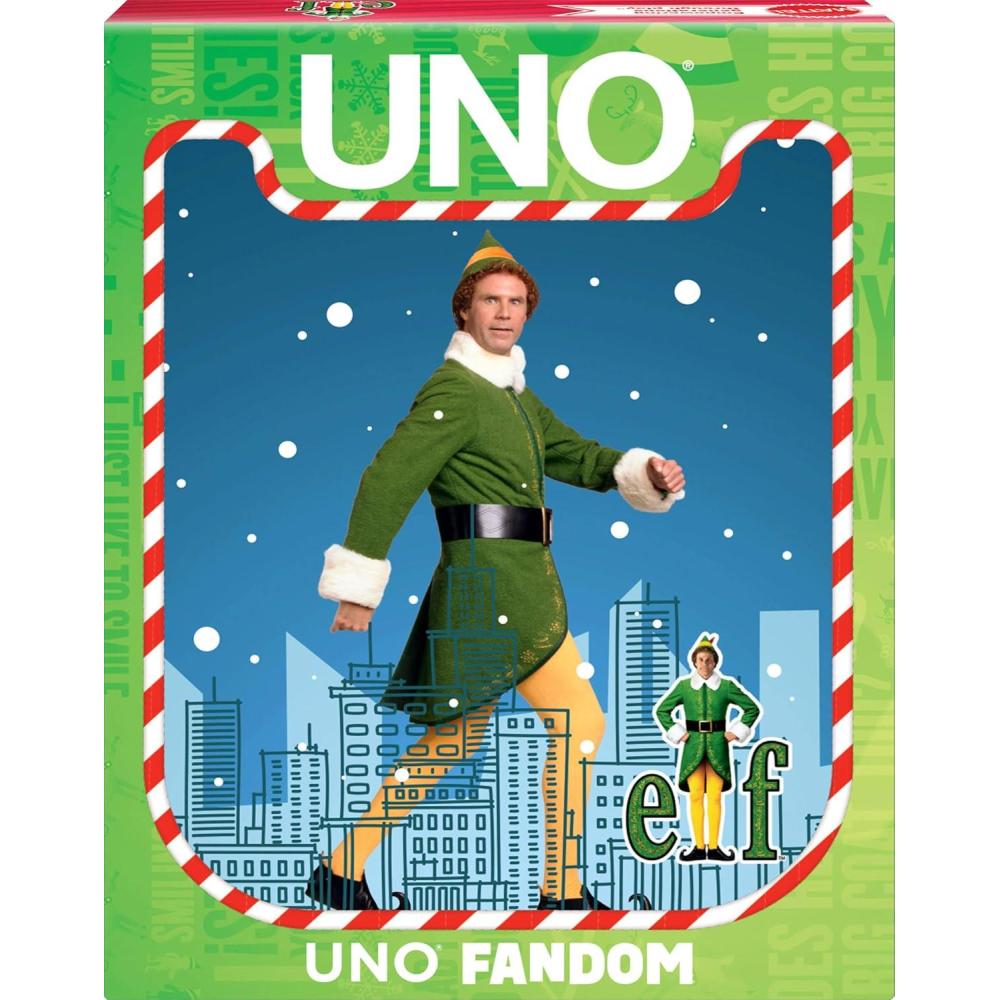 imageMattel Games UNO Fandom Elf Card Game for Kids Adults ampamp Families Deck Includes Collectible Foil with Images from The Movie