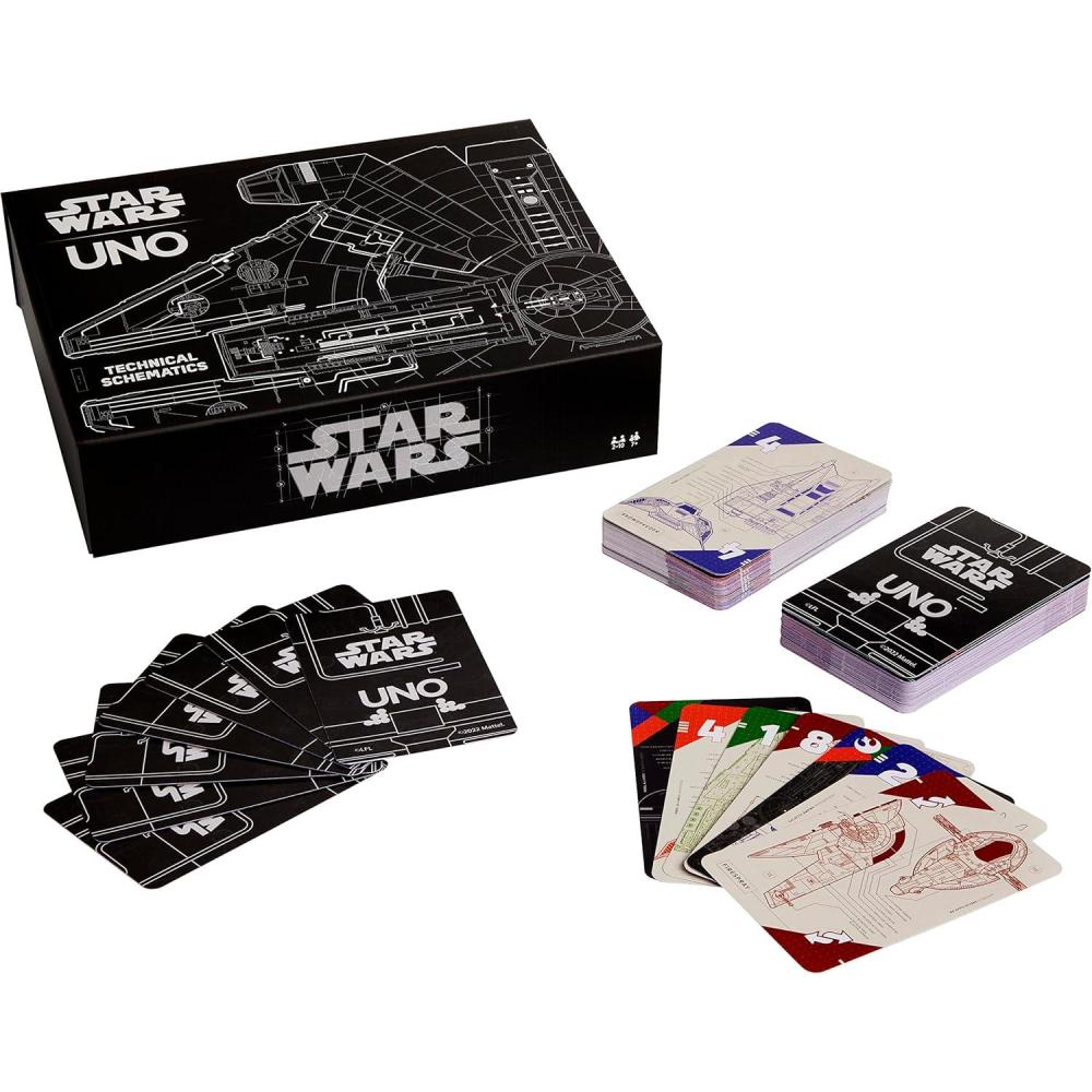 imageMattel Games UNO Star Wars Technical Schematics Card Game for Kids ampamp Adults with Blueprints of Space Stations Ships ampamp Droids