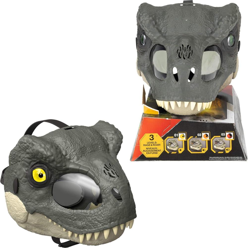 imageMattel Jurassic World Rebirth TRex Rage N Roar Mask with LED Light Up Eyes Blink Action with 3 Level Aggression Effect Dinosaur Costume Headgear Toy