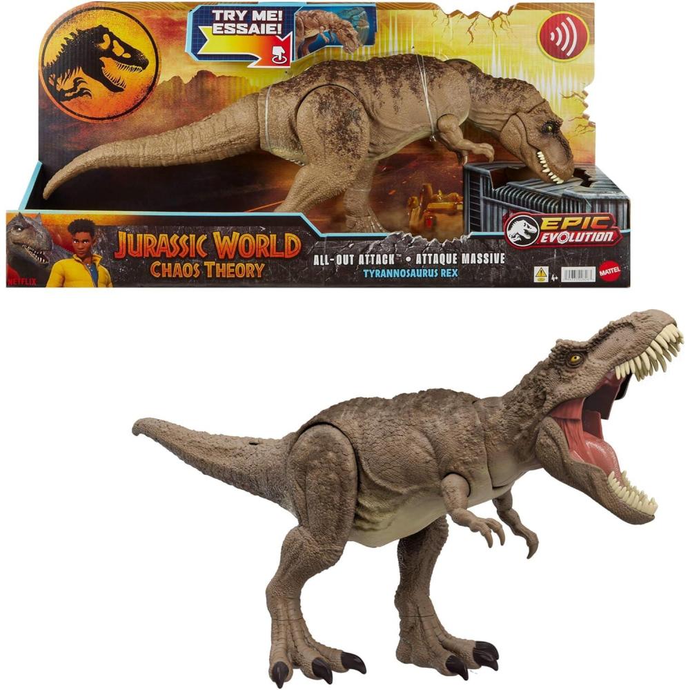 imageMattel Jurassic World T rex Dinosaur Toy with Sound ampamp Movement AllOut Attack Tyrannosaurus Rex Action Figure with Rampage Attack Plus Digital Play
