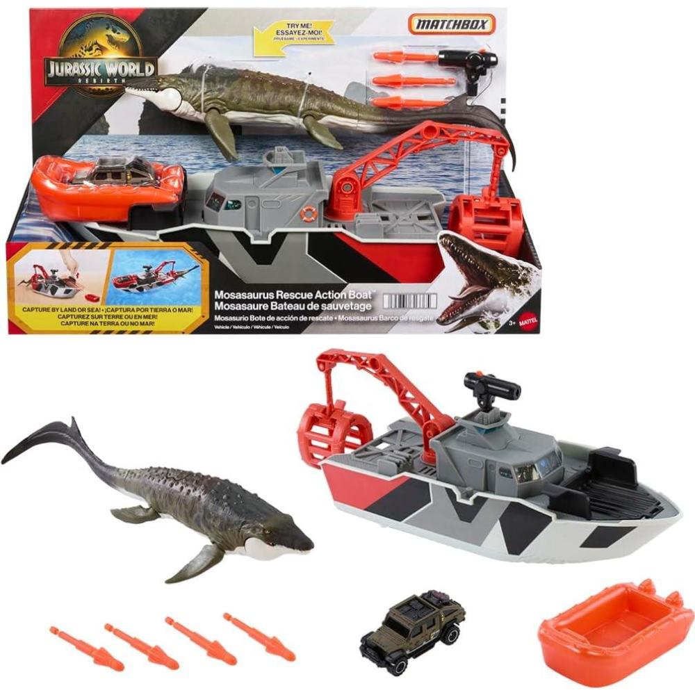 imageMattel Matchbox Toy Car Playset Jurassic World 125 Dino Boat with 13 Mosasaurus Dinosaur 164 DieCast Jeep Harpoon Missiles ampamp Detachable Rescue Boat