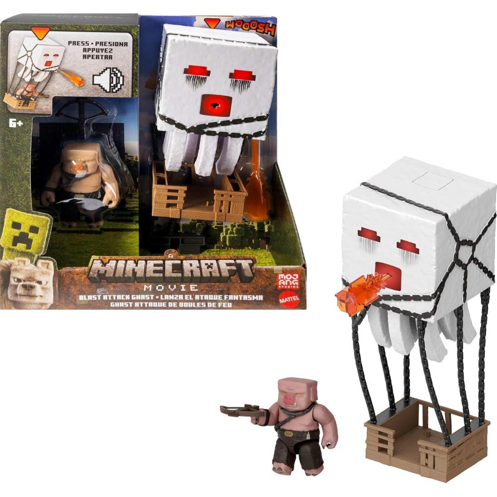 imageMattel Minecraft Action Figure Set Blast Attack Ghast with Lights Sounds Launcher ampamp Projectile Plus Piglin Warrior Inspired by The Movie