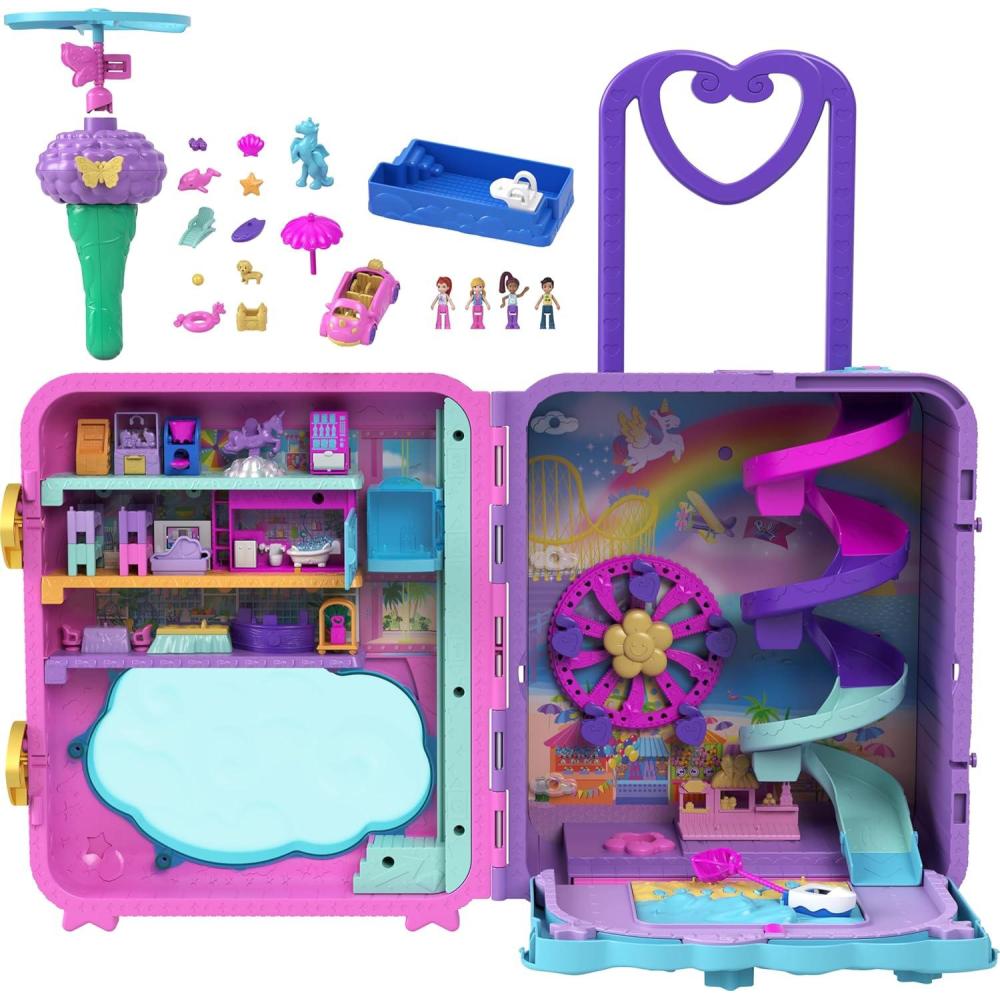 imagePolly Pocket Dolls Playset and Travel Toys 4 Dolls 1 Vehicle 25 Accessories Resort Roll Away Amazon Exclusive