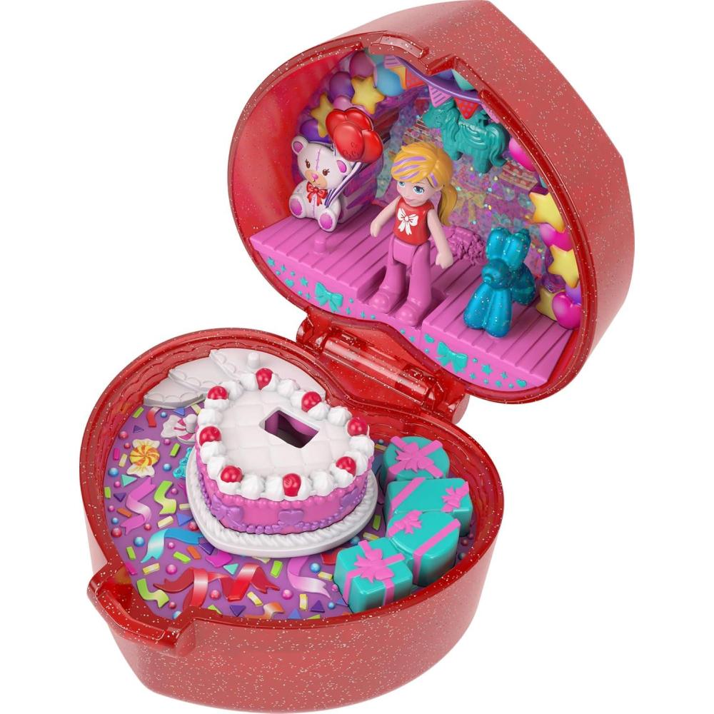 imagePolly Pocket Mattel 80th Anniversary Compact Playset Jewelry Box with Doll Balloon Pet and Wearable Ring Ring Box with Celebration Theme