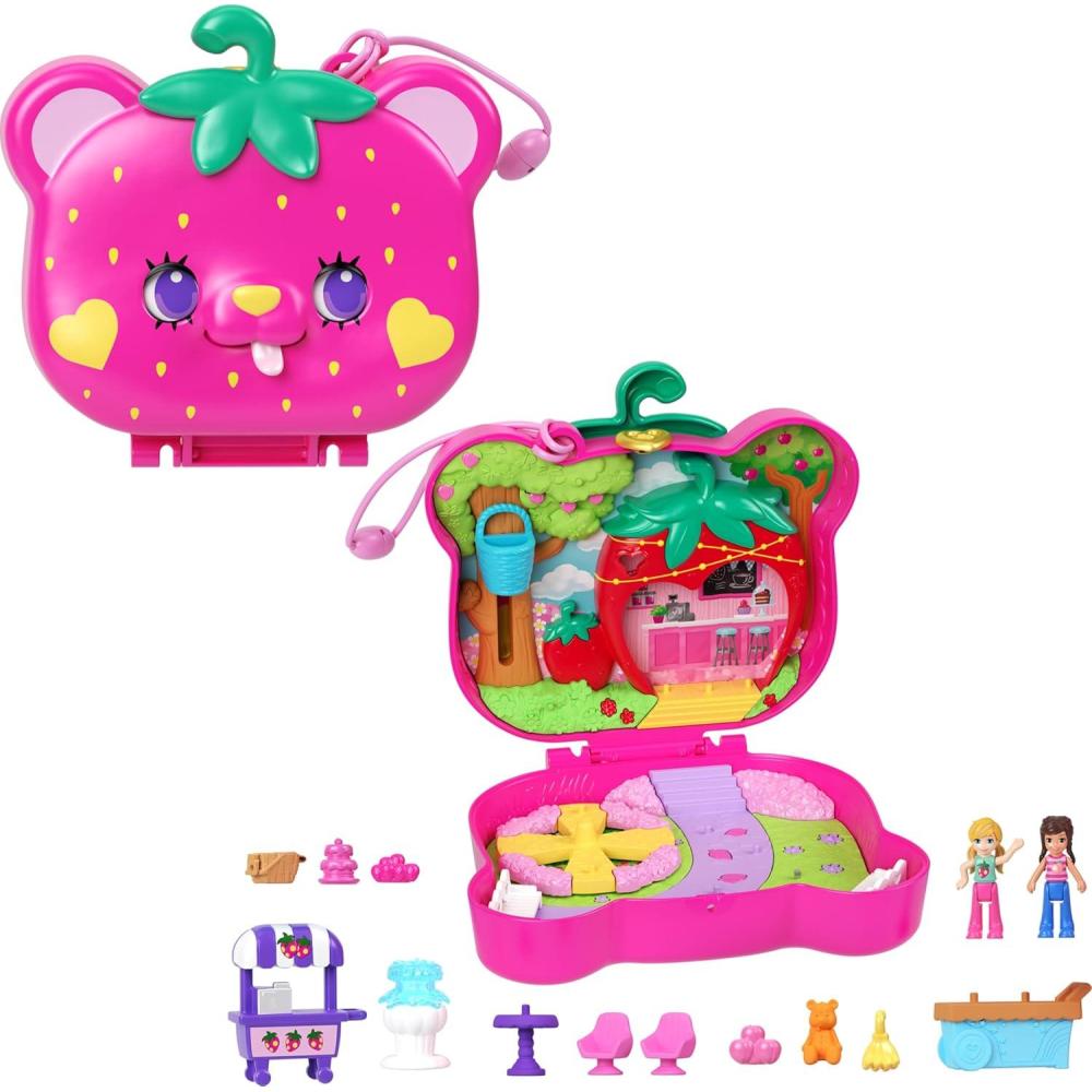 imagePolly Pocket Playset with 2 Micro Dolls ampamp 12 Accessories StrawBeary Patch Compact Travel Toy with Fidget ExteriorBear