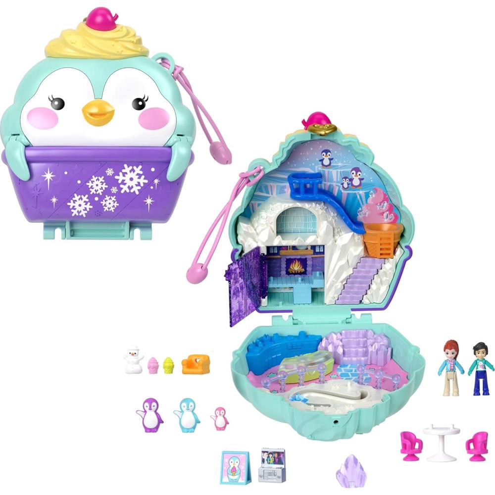 imagePolly Pocket Playset with 2 Micro Dolls ampamp 12 Accessories StrawBeary Patch Compact Travel Toy with Fidget ExteriorPenguin