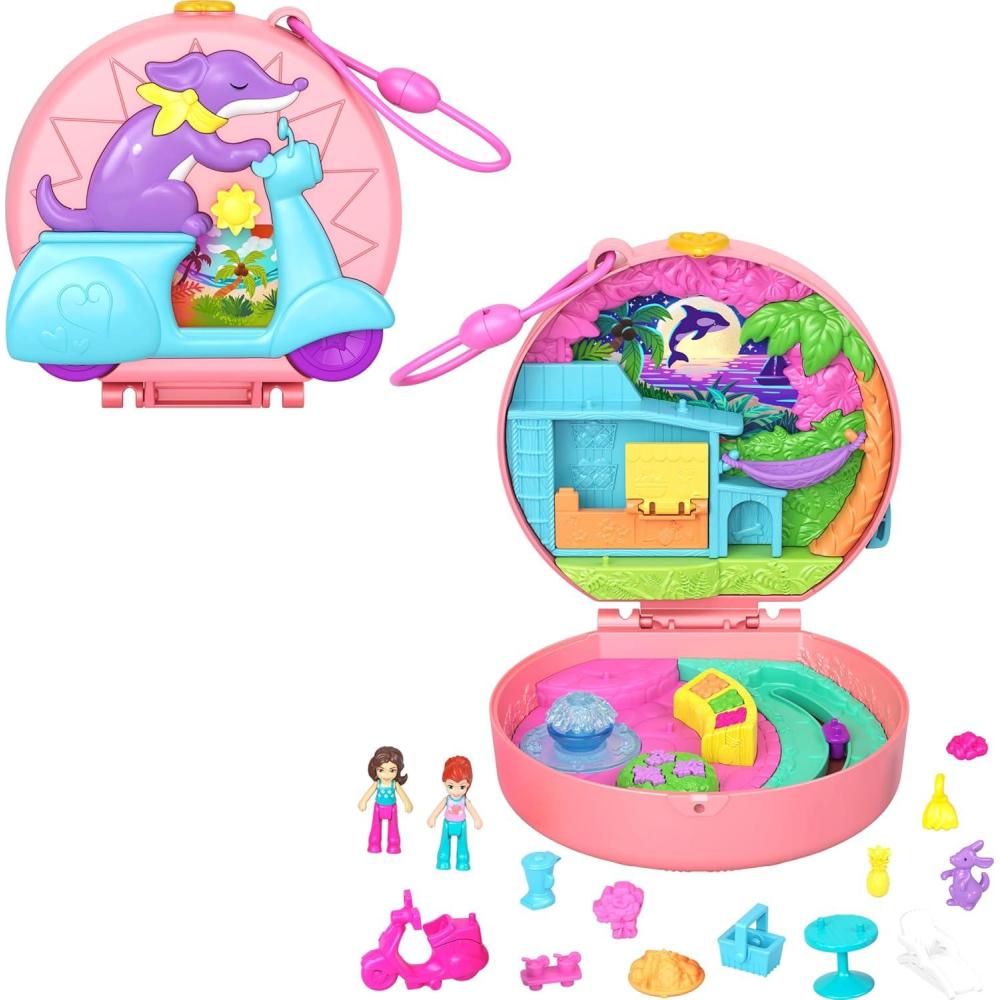 imagePolly Pocket Playset with 2 Micro Dolls ampamp 12 Accessories StrawBeary Patch Compact Travel Toy with Fidget ExteriorPuppy Moped