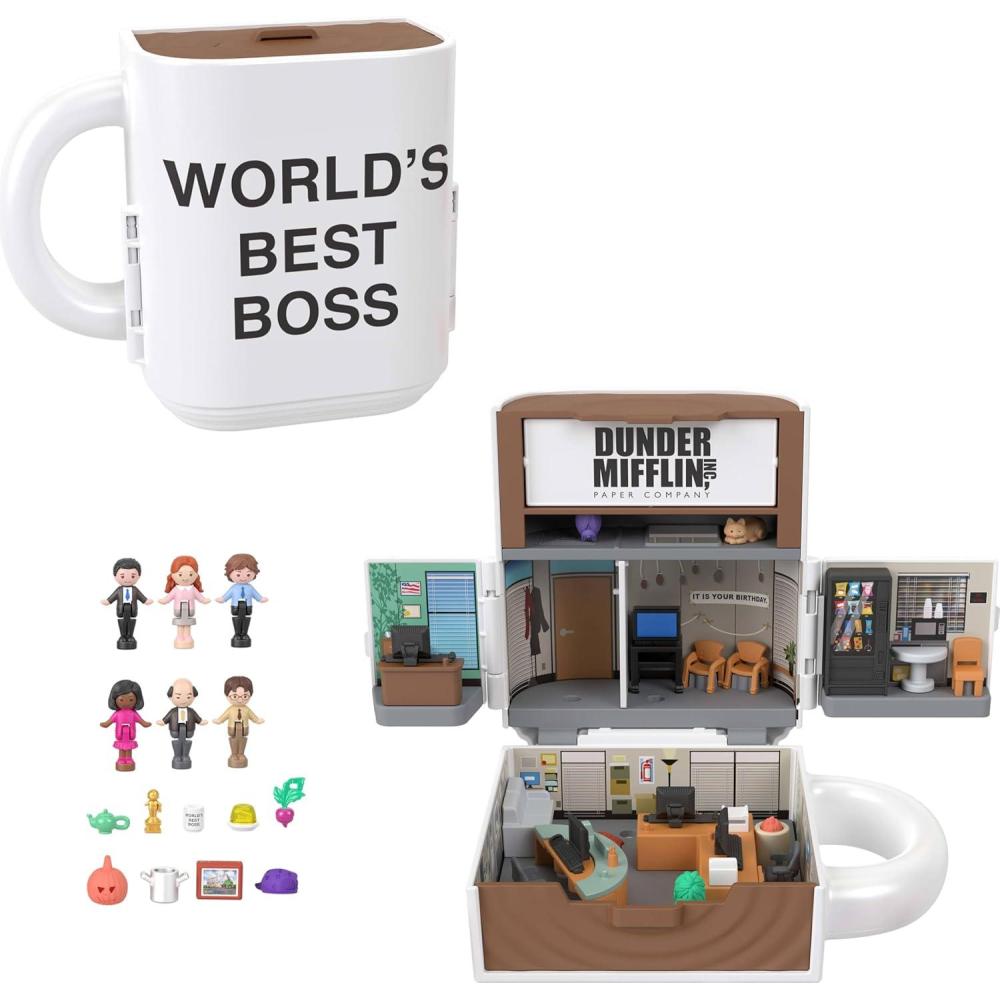imagePolly Pocket x The Office Compact Playset 6 Character Dolls and 9 Accessories Collectible Partnership Toy Coffee Mug Exterior