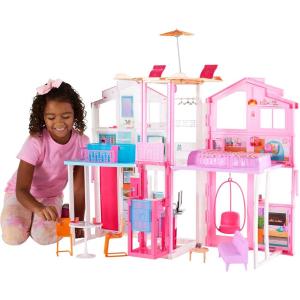 Barbie 3-Story Townhouse Dollhouse with Elevator, Swing Chair, Furniture and Accessories, Fold for Portability and Travel (Amazon Exclusive)