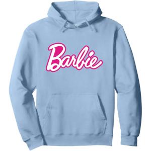Barbie Current Pink and White Script Logo Pullover Hoodie(Dusty Blue)