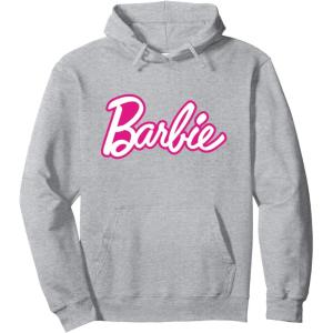 Barbie Current Pink and White Script Logo Pullover Hoodie(Heather Grey)