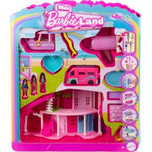 Barbie Mini Land 4-Pack, Set with 4 1.5-inch Mini Dolls, 4 Toy Vehicles & Themed Accessories, Includes DreamCamper(Dolls + Dreamhouse + 3 Vehicles)