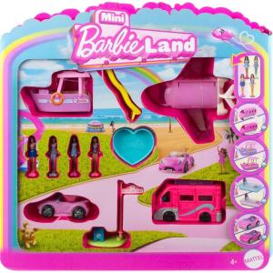 Barbie Mini Land 4-Pack, Set with 4 1.5-inch Mini Dolls, 4 Toy Vehicles & Themed Accessories, Includes DreamCamper(Dolls + Golf + 4 Vehicles)