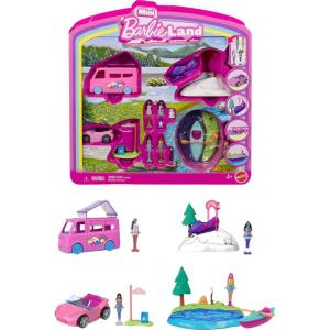 Barbie Mini Land 4-Pack, Set with 4 1.5-inch Mini Dolls, 4 Toy Vehicles & Themed Accessories, Includes DreamCamper(Dolls + Recreations)