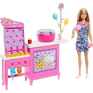 Barbie Mysteries: Beach Detectives Malibu” Doll & Cotton Candy Game Booth Playset with 20 Accessories Including Prizes