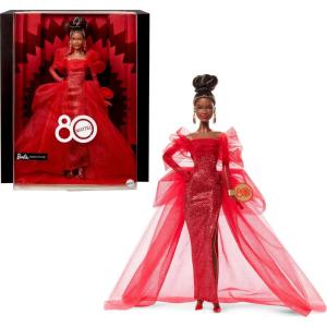Barbie Signature Doll, Mattel 80th Anniversary Collectible in Glittery Red Tulle Gown with Drop Earrings and Sheer Gloves, Brunette