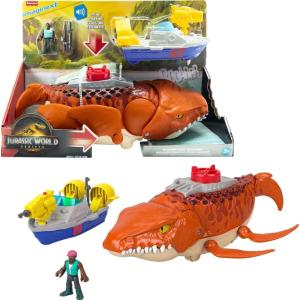 Fisher-Price Imaginext Jurassic World Rebirth Aquachomp Chase Mosasaurus 18-inch Dinosaur Toy with 3-inch Action Figure, Launcher Boat & 2 Projectiles