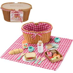 Fisher-Price Wood Pretend Play Toy Picnic Basket, 31-Piece Wooden Food Playset for Preschool Kids Ages 3+ Years