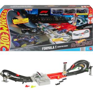 Hot Wheels Toy Car Track Set, Formula 1 Grand Prix Circuit Track Set with 3 1:64 Scale Die-Cast Toy Cars, Two Modes of Racing with a Motorized Booster(Track)