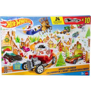 Hot Wheels Toy Cars & Playset, 2025 Advent Calendar with 10 Vehicles in 1:64 Scale, 10 Ornament Clips & 14 Winter-Themed Accessories