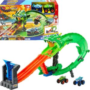 Hot Wheels Toy Monster Trucks, Sharks vs. Dinos Dragon Destruction Playset with 1:64 Scale Great Bite & Rageasaur, Race to Defeat The Cyborg Nemesis(Dragon Track Set)
