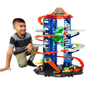 Hot Wheels Ultimate Garage Track Set with 2 Toy Cars, Hot Wheels City Playset with Multi-Level Side-by-Side Racetrack, Moving T-Rex Dino & Storage for 100+ 1:64 Scale Vehicles (Amazon Exclusive)(Garage)