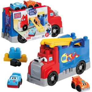 MEGA BLOKS First Builders Toddler Building Blocks Toy Set, Build & Race Rig with 19 Pieces, 2 Race Cars and Storage, Red, Ages 1+ Years