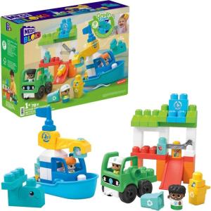 MEGA BLOKS Fisher-Price Toddler Building Blocks Toy Set, Green Town Ocean Time Clean Up with 70 Pieces, 3 Figures, Ages 1+ Years