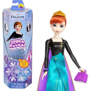 Mattel Disney Frozen Anna Fashion Doll Set, Spin & Reveal with 11 Surprises Including 5 Accessories, 5 Stickers & Play Scene, Inspired by Disney Movie(Anna – Queen Look)