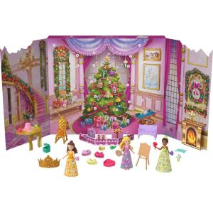 Mattel Disney Princess Doll Advent Calendar with 24 Days of Surprises, Including 3 Small Dolls, 3 Friends, 6 Fashions & 16 Accy Inspired by Movies (Amazon Exclusive)