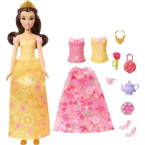 Mattel Disney Princess Toys, Belle Fashion Doll with 2 Looks, 9 Accessories, 2 Snap-On Bodices & 2 Skirts, 2-in-1 Stories Inspired by Movie