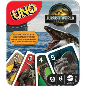 Mattel Games UNO Card Game, Gifts for Kids and Family Night, Themed to Minecraft Video Game, Travel Games, Storage Tin Box (Amazon Exclusive)(UNO Jurassic World)