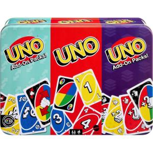 Mattel Games UNO Card Game with 2 Add On Packs & Collectible Tin for Kids, Adults & Family Game Night. 2 to 10 Players (Amazon Exclusive)(UNO w/Add-On Reverse + Stack Packs)